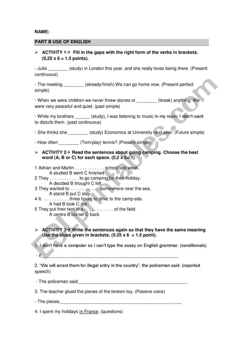 PART 2. A2/4th ESO test (reading, UOE, writing)