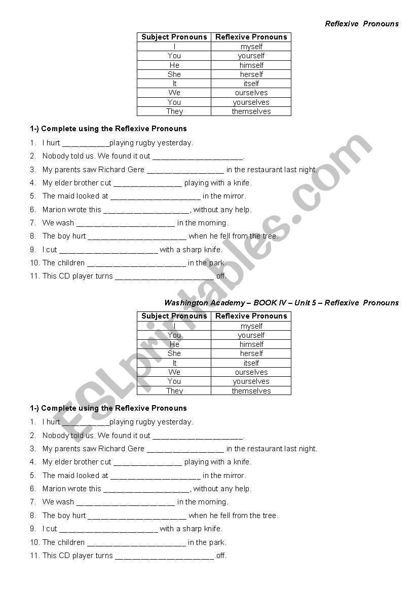 Reflexive pronouns worksheet