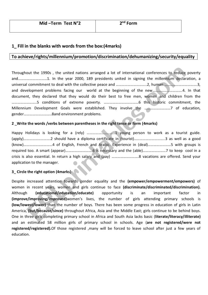 Mid _Term Test N°2 2nd Form - ESL worksheet by Moniachahd