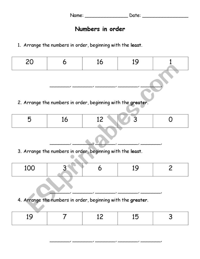 Arrange in order worksheet