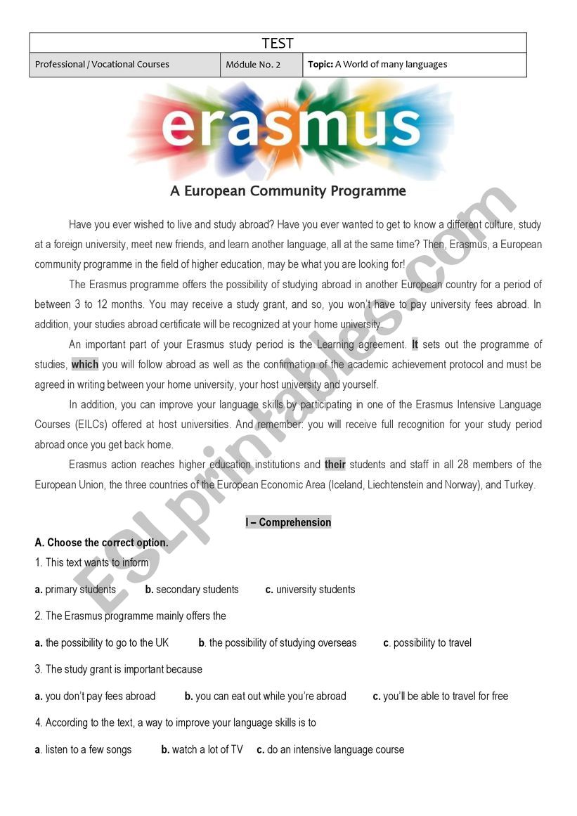 Test - M2 - Erasmus worksheet