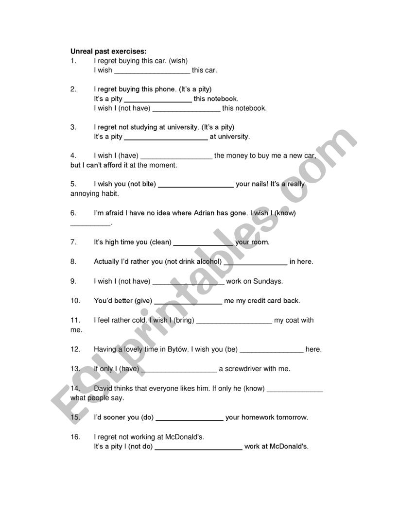 Unreal Past exercises with answer key