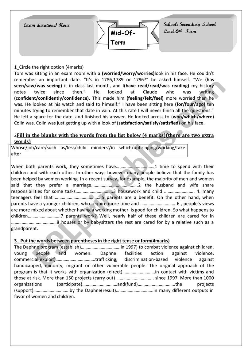 2nd Form Mid-Term Test NÂ° 2 worksheet