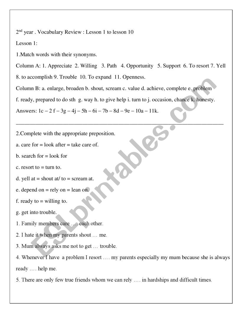 2nd year vocabulary review lesson 1 to 10