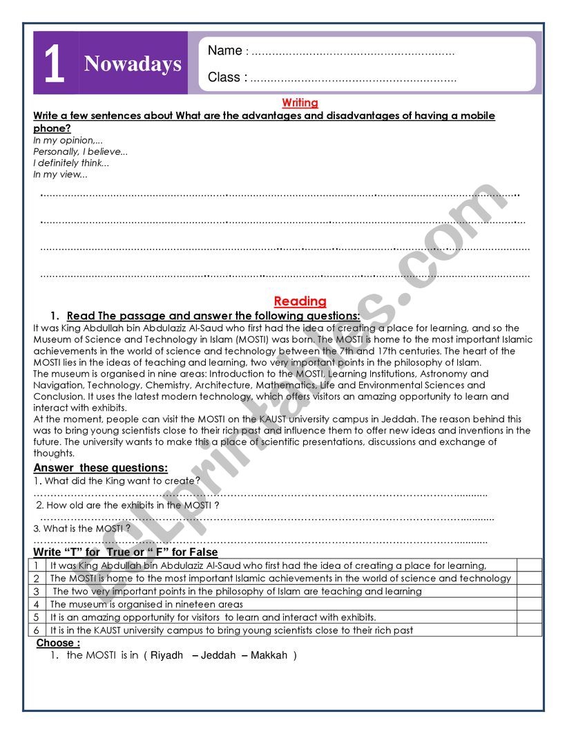 EFL test for intermediate level