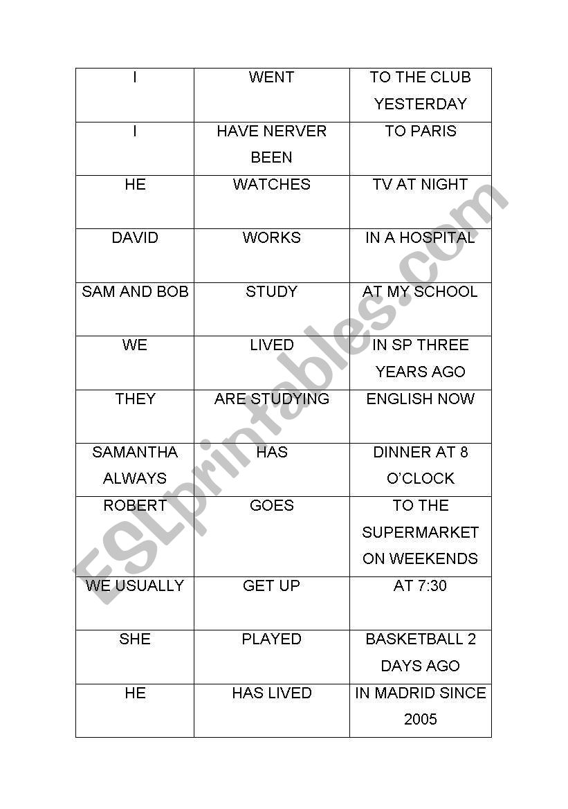 Verb tenses game worksheet