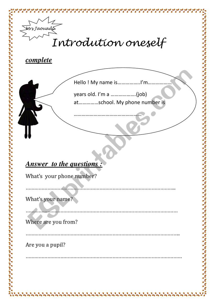 Introducing one self worksheet