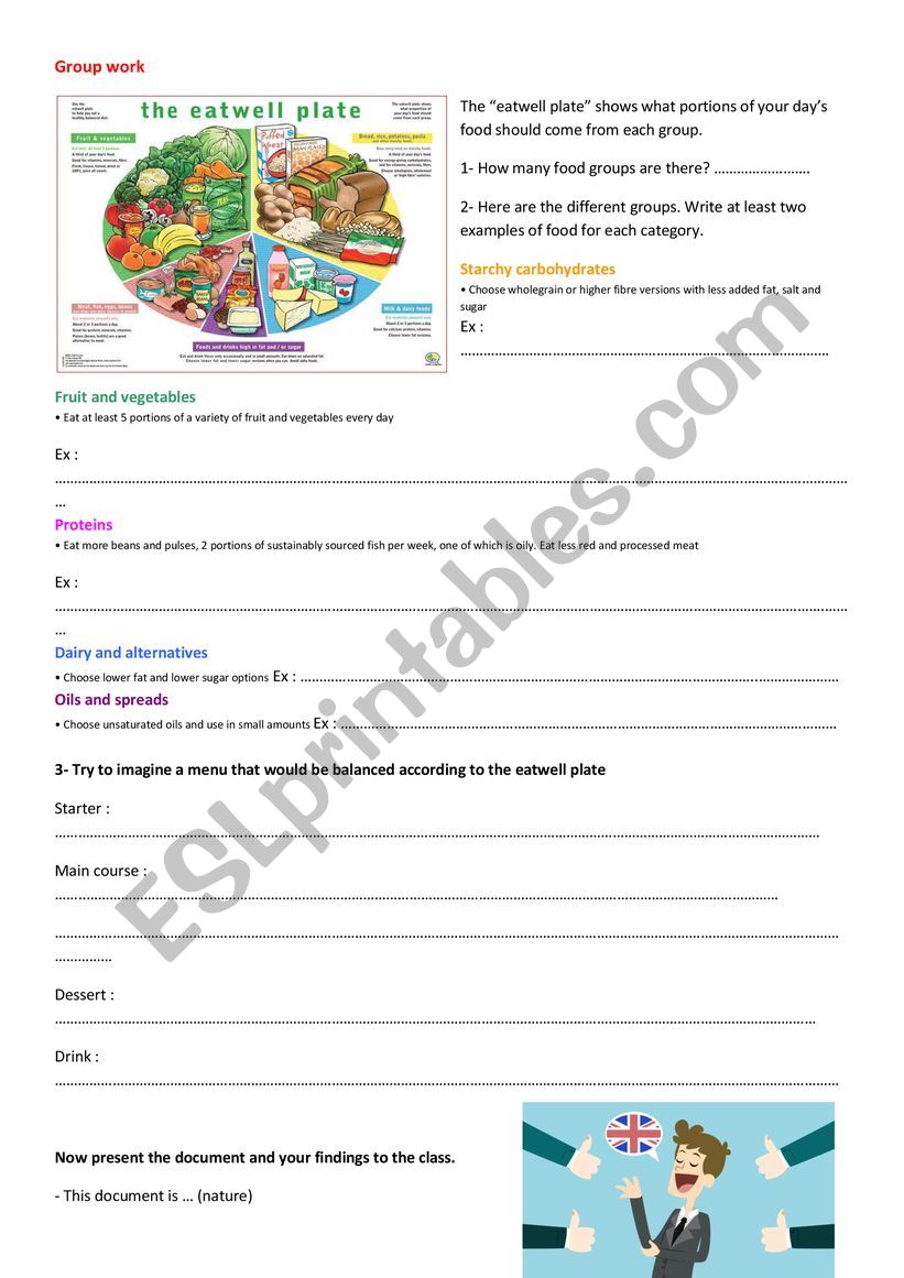 Healthy diet - group work 2 worksheet