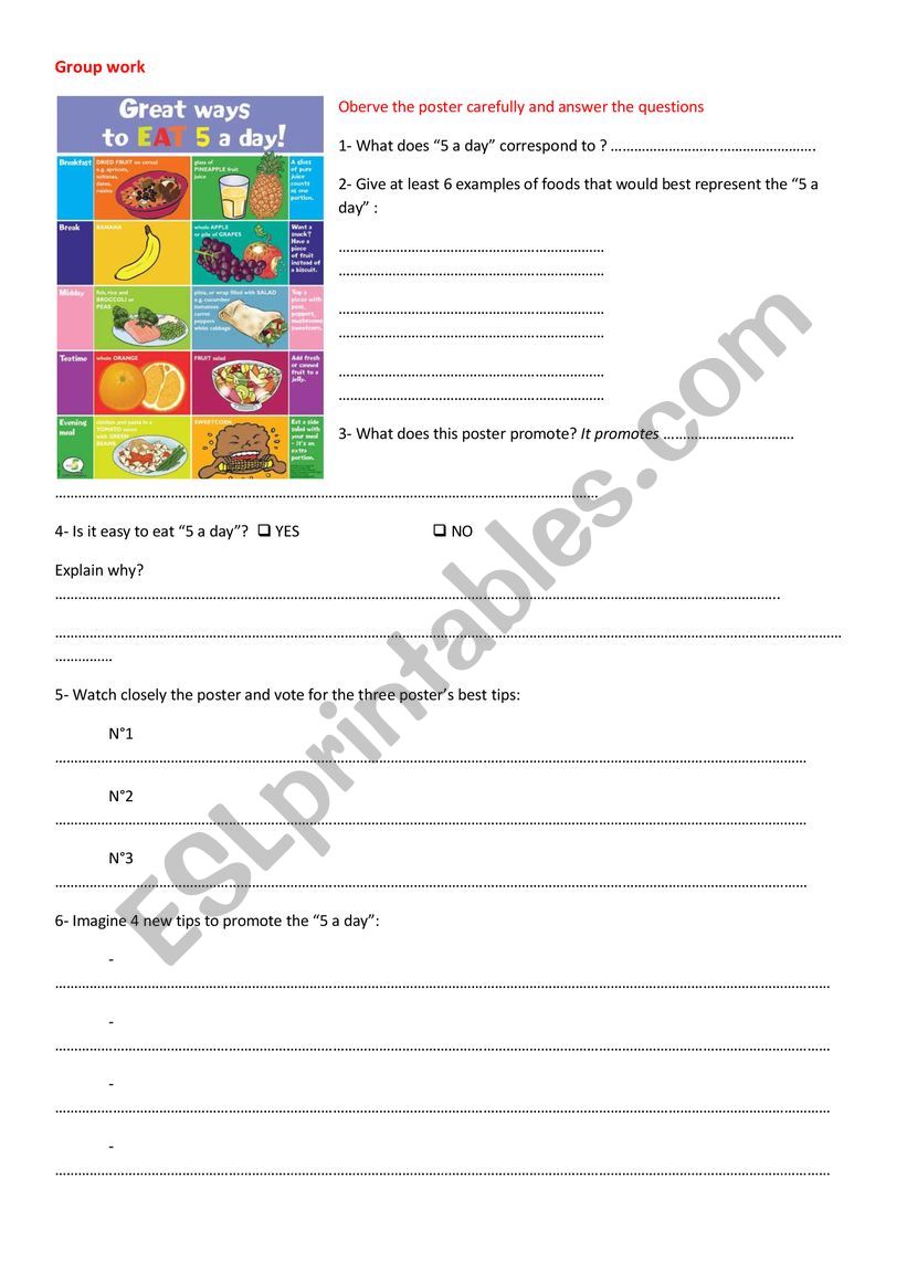 Healthy diet - group work 3 worksheet