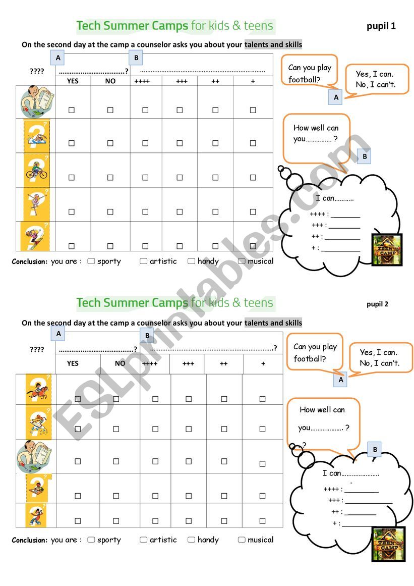 an activity on their talents worksheet