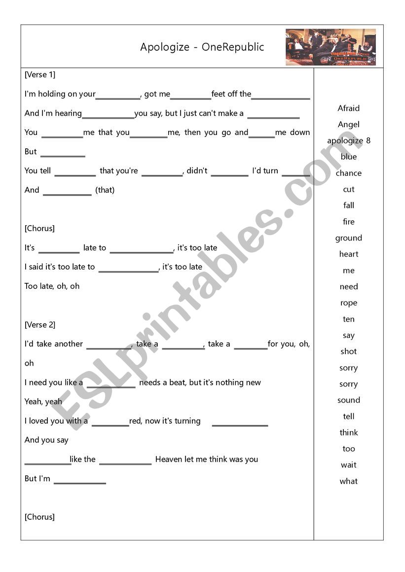 Apologize - OneRepublic  worksheet