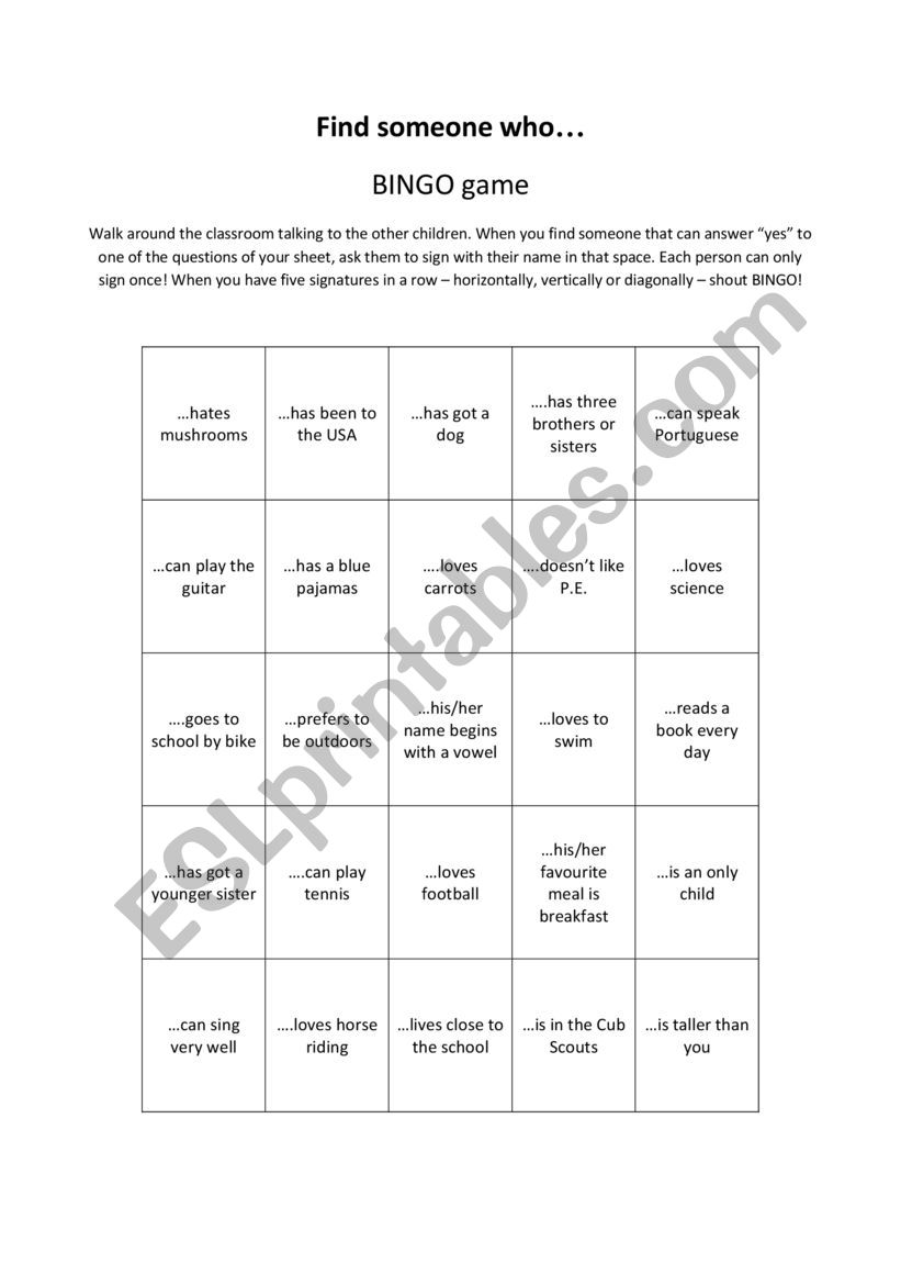 Find someone who bingo game worksheet
