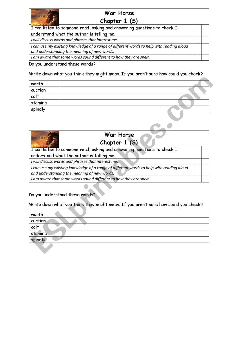 War Horse worksheet