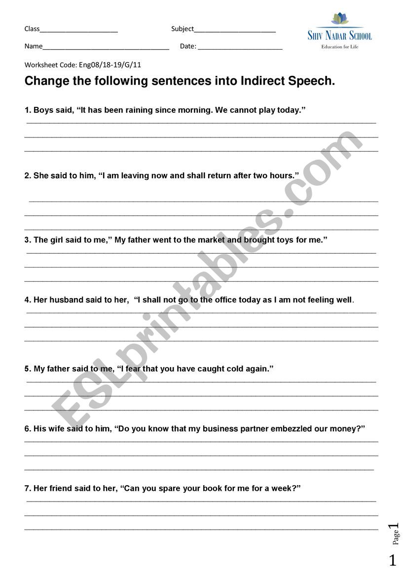 Reported Speech worksheet