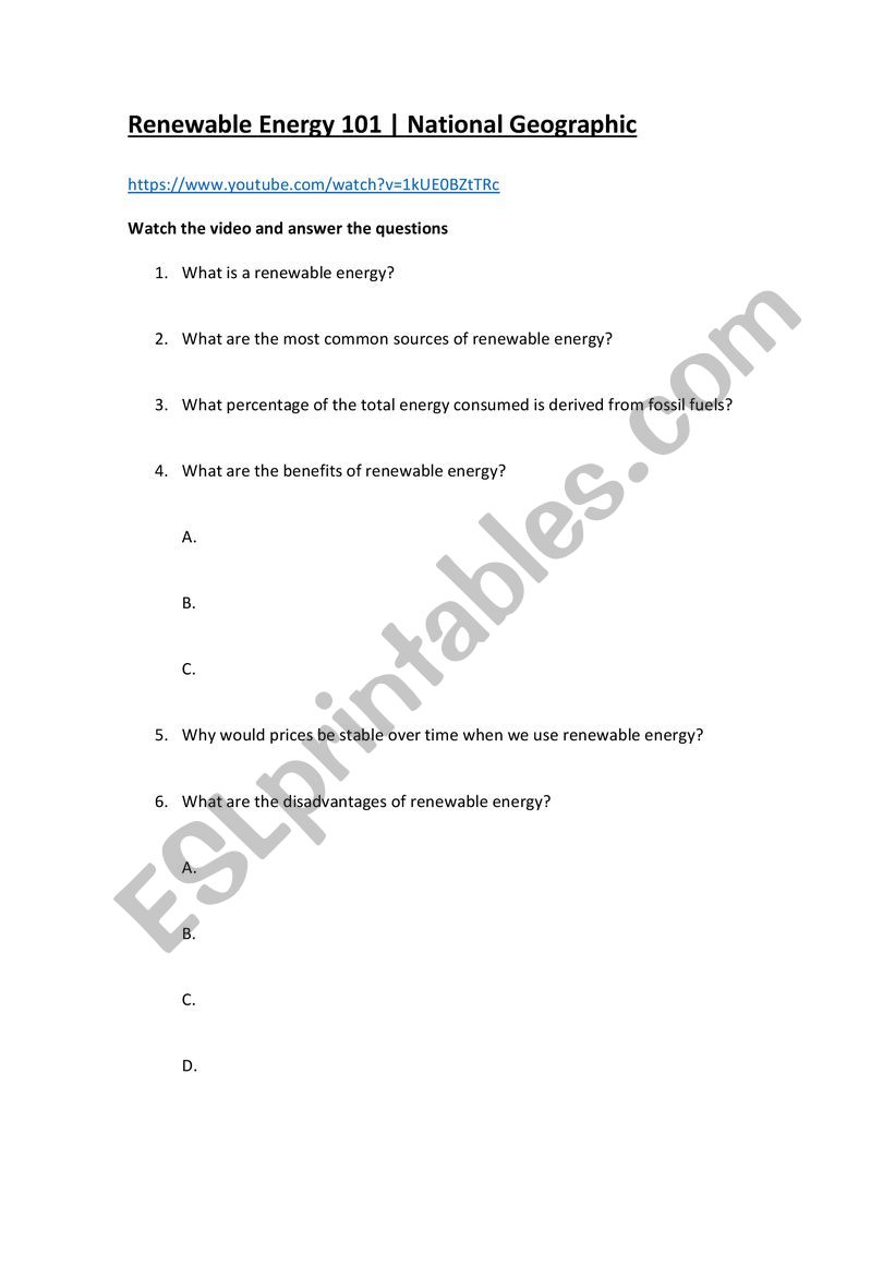 Renewable Energy worksheet