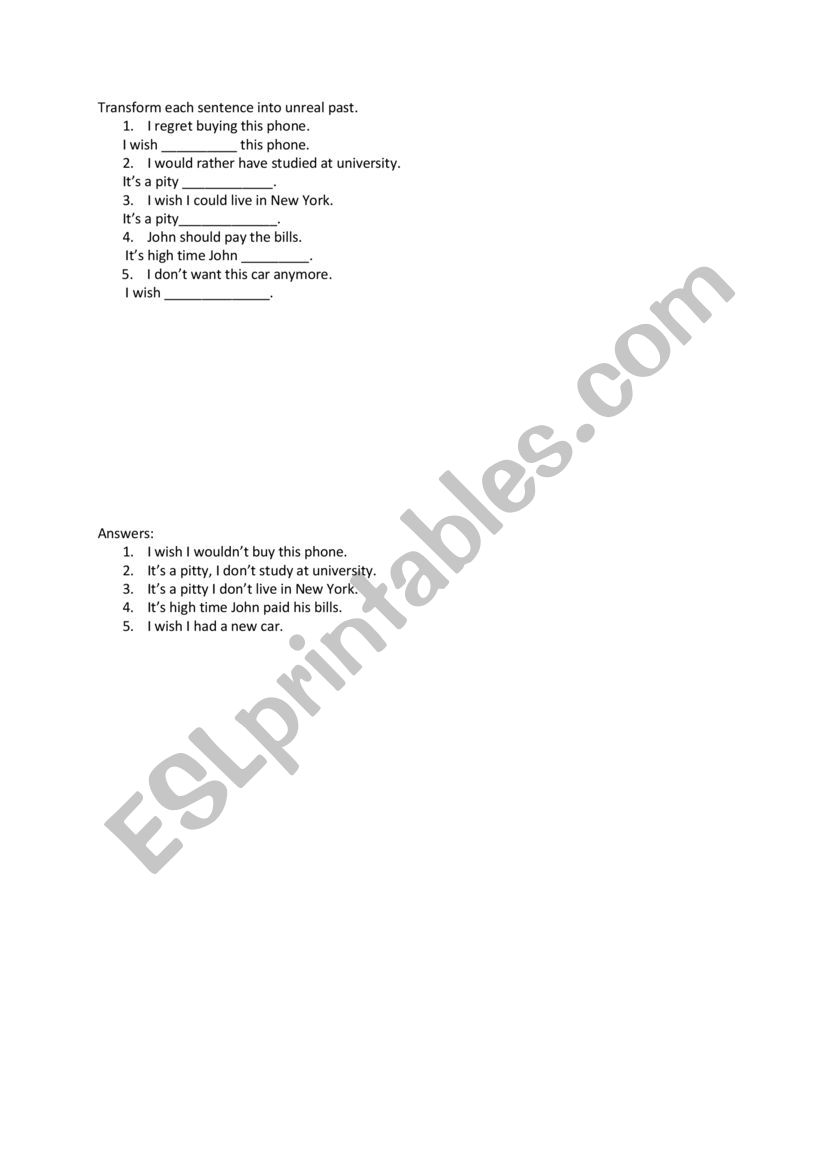 Unreal past exercises worksheet