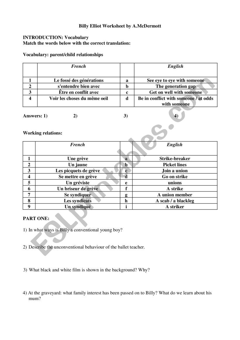 Billy Elliot worksheet