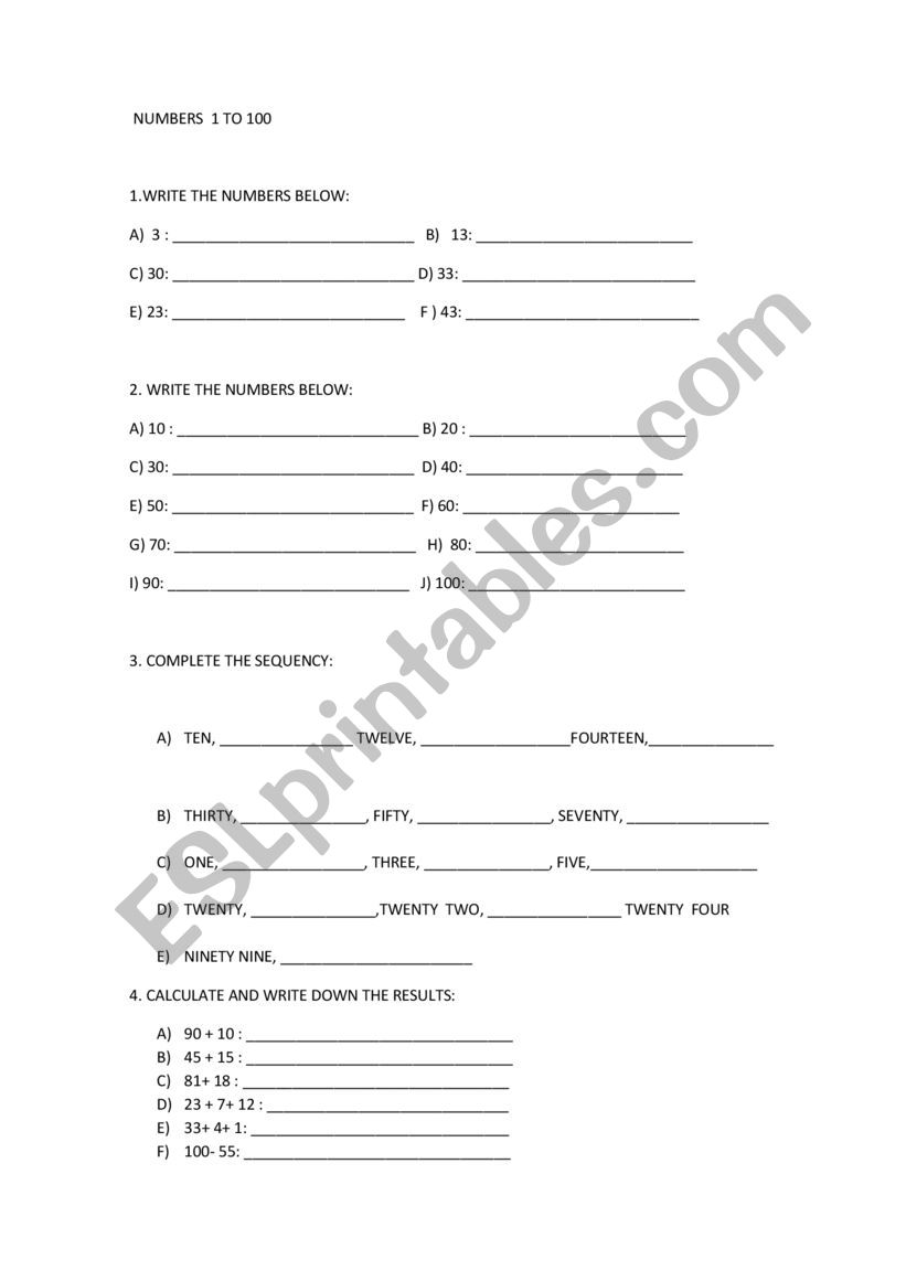  Numbers - Review  worksheet