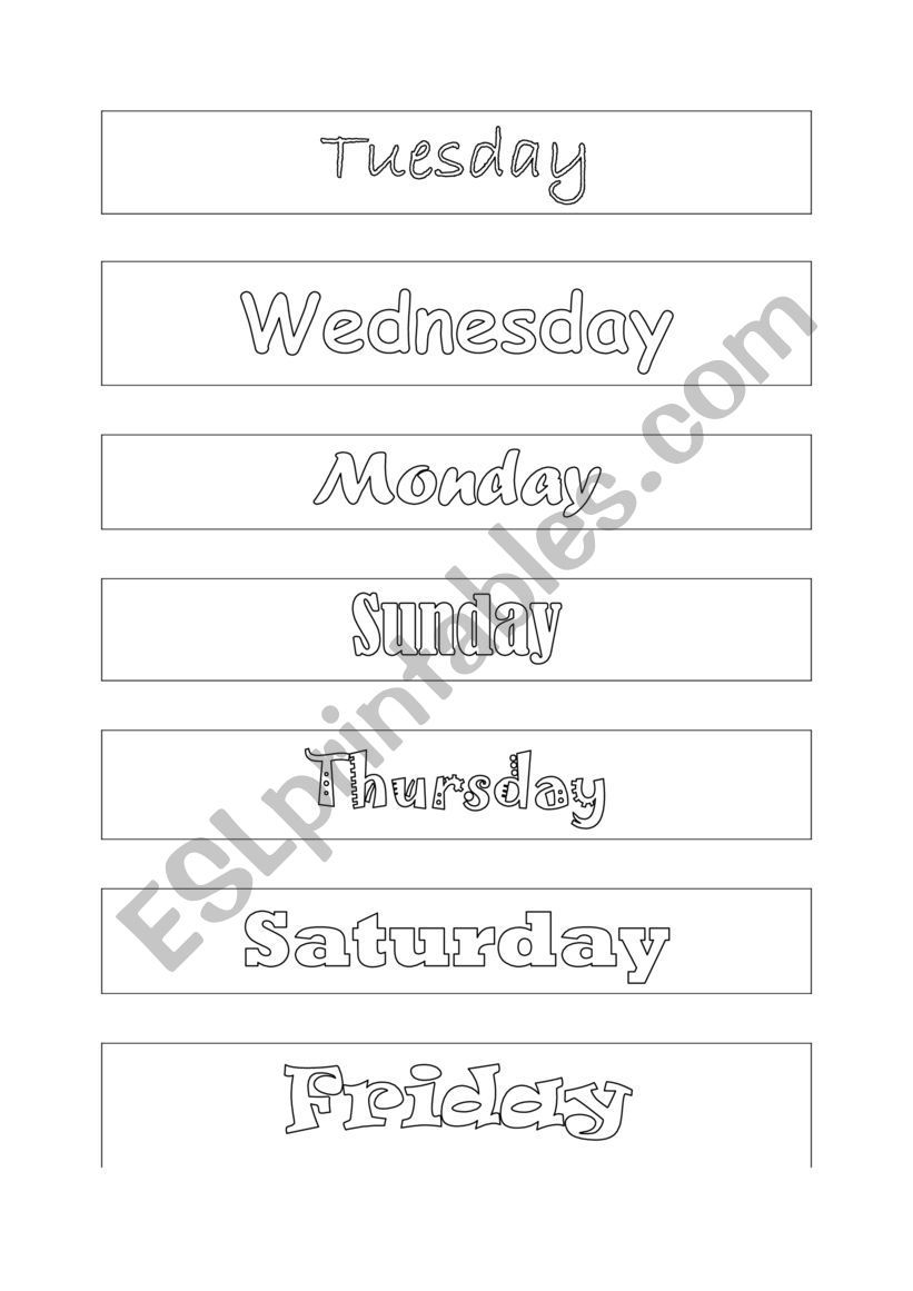 Day of the Week for ordering worksheet