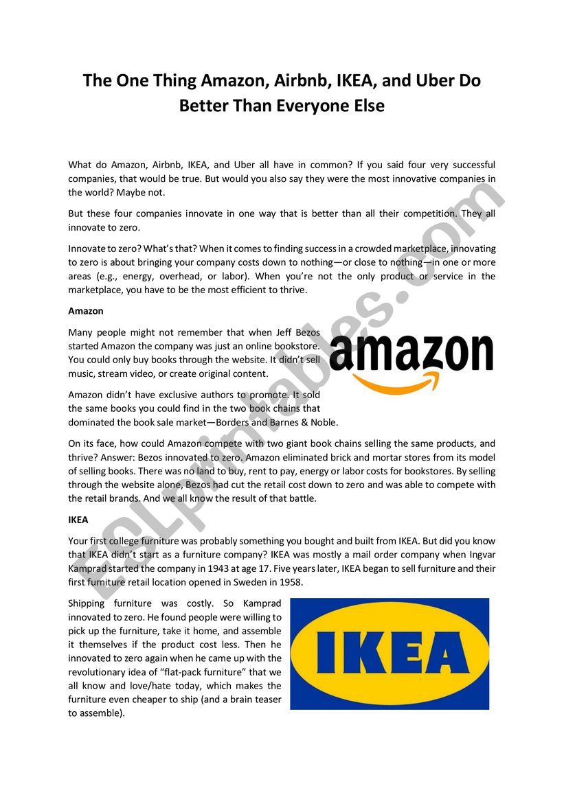 Business English (Article & Webquest on Amazon, Airbnb, Uber, IKEA)