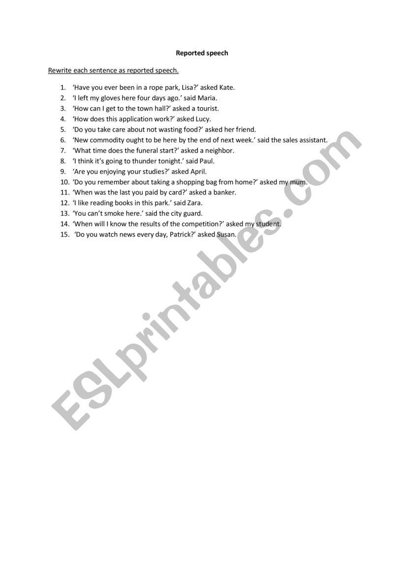 Reported speech worksheet