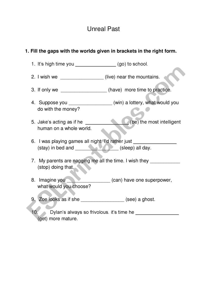 Unreal past sentences worksheet