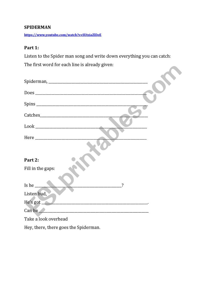 Spider man song worksheet