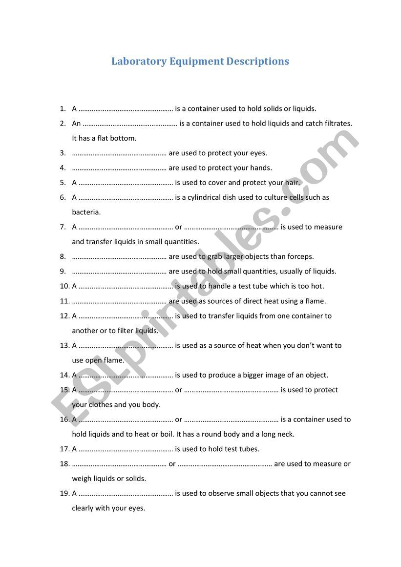 Laboratory Equipment worksheet