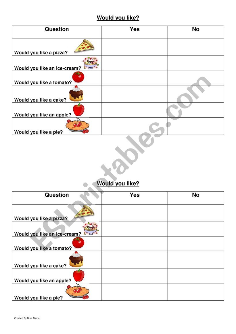 Would You Like? worksheet