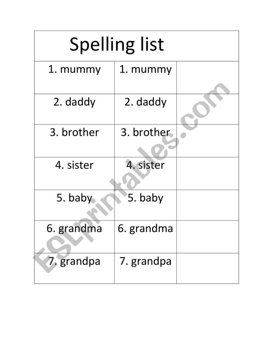 My family Spelling worksheet