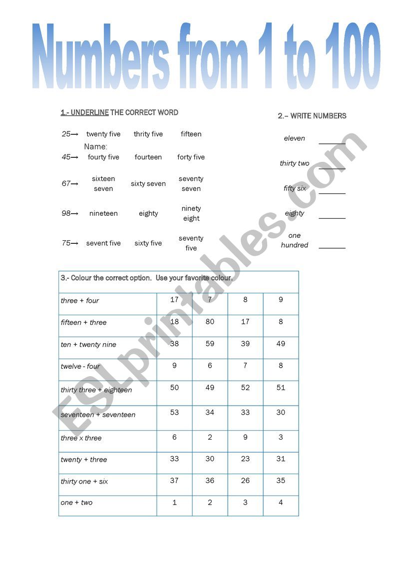 Numbers 1 to 100 worksheet