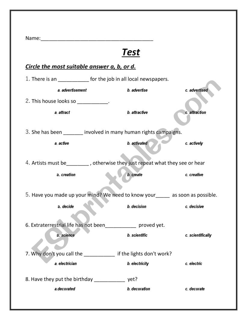 Parts of Speech worksheet
