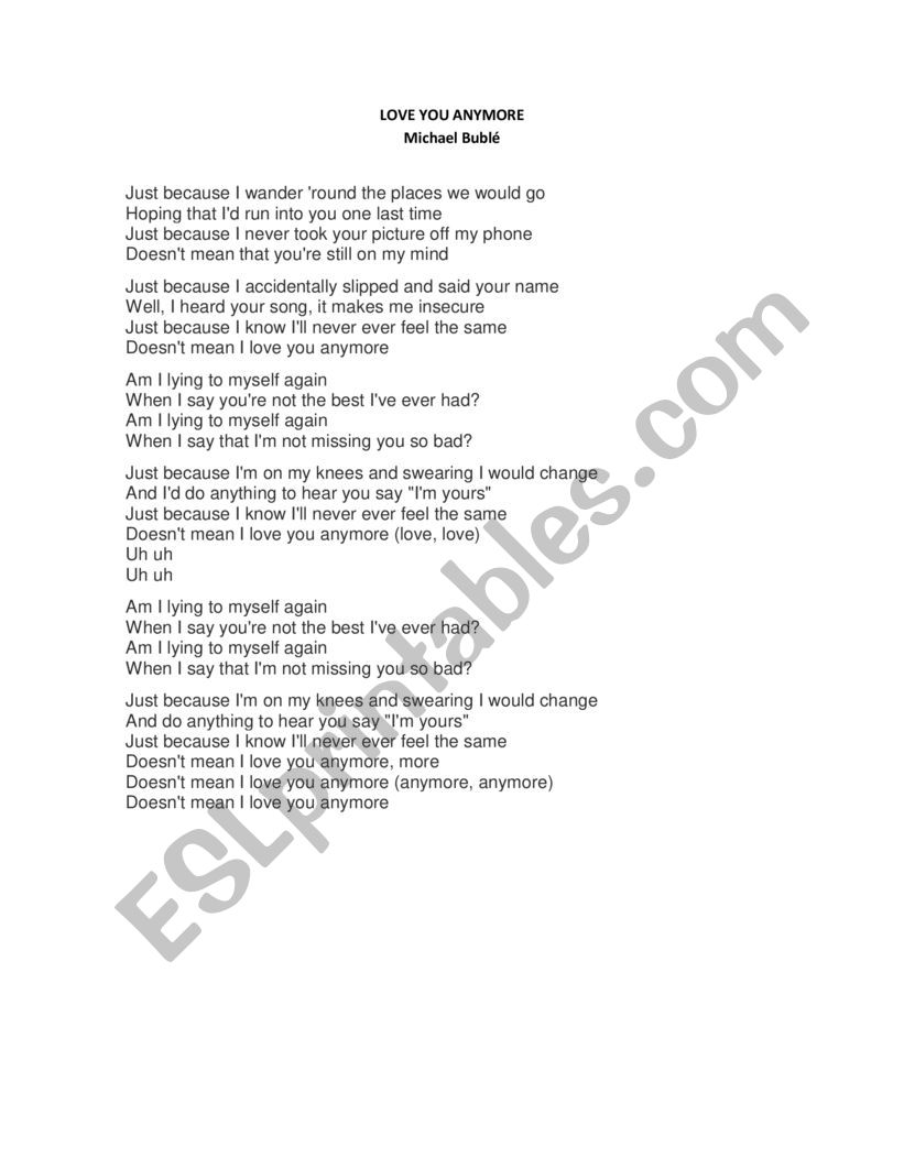  I DONT LOVE YOU ANYMORE SONG worksheet