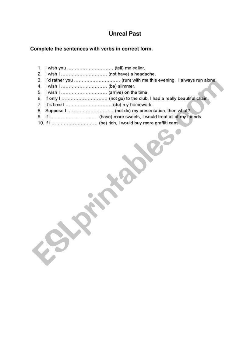 Unreal past exercises worksheet