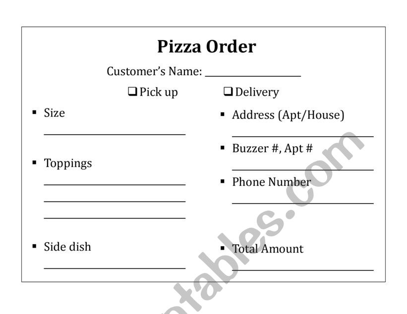 Pizza ordering slip worksheet