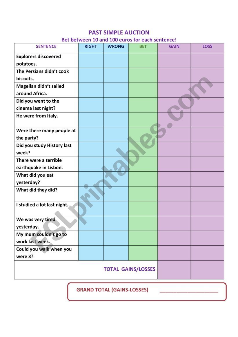 PAST SIMPLE AUCTION worksheet