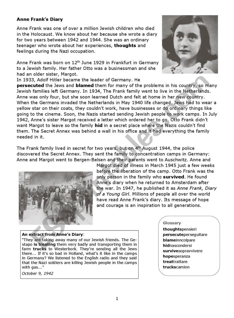 Anna Frank  worksheet