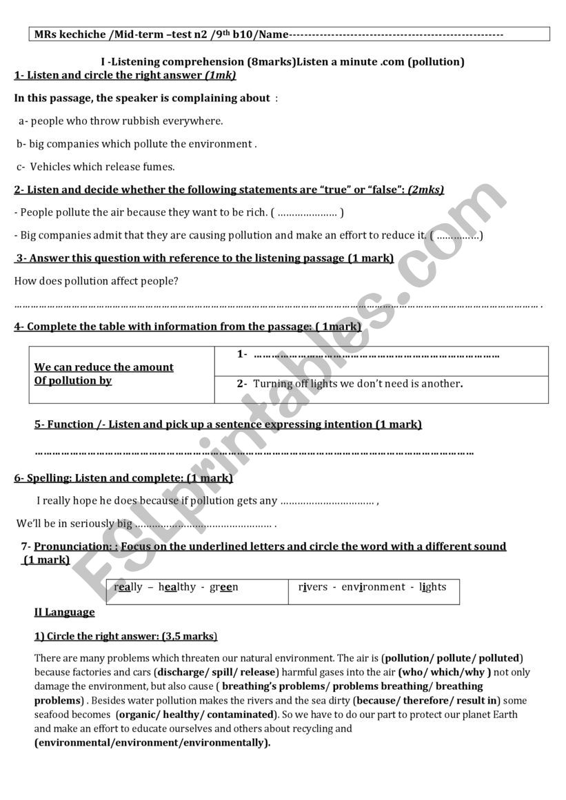 9th mid-term test n 2 worksheet