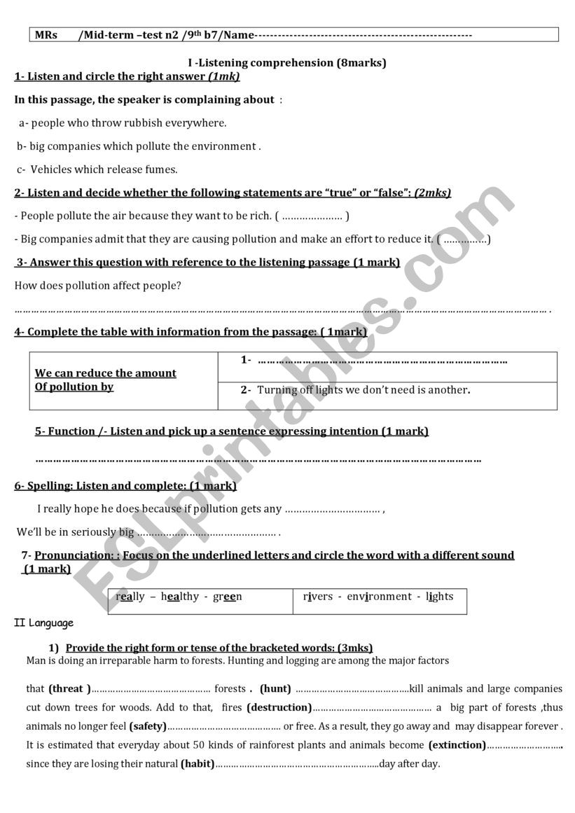 9th mid-term test n 2 worksheet