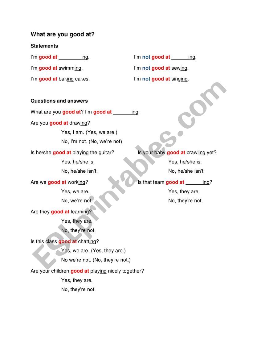 What are you good at? worksheet