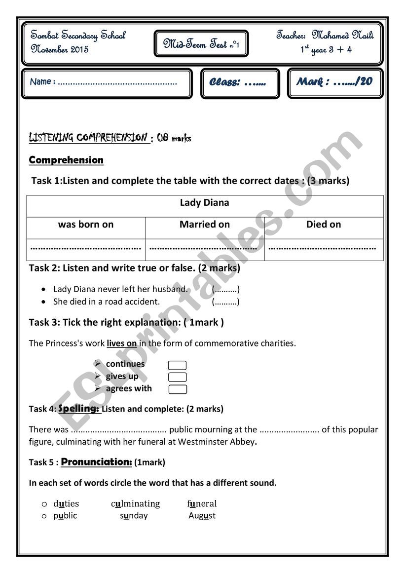 Mid-term test 1 first year classes