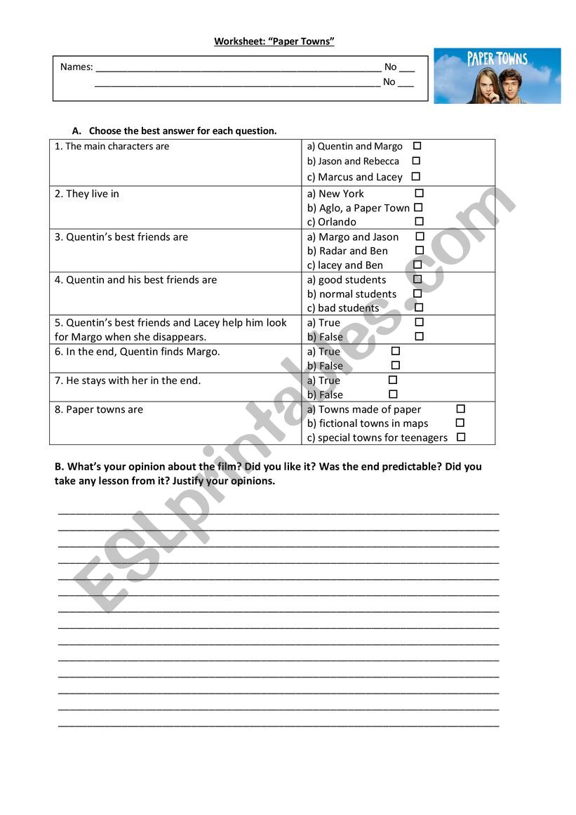 Paper Towns (worksheet) worksheet