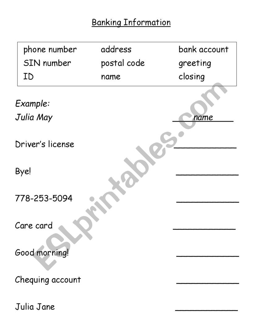 Banking information - Matching