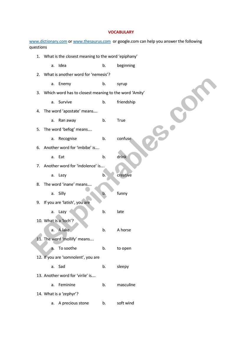 Vocabulary Research worksheet