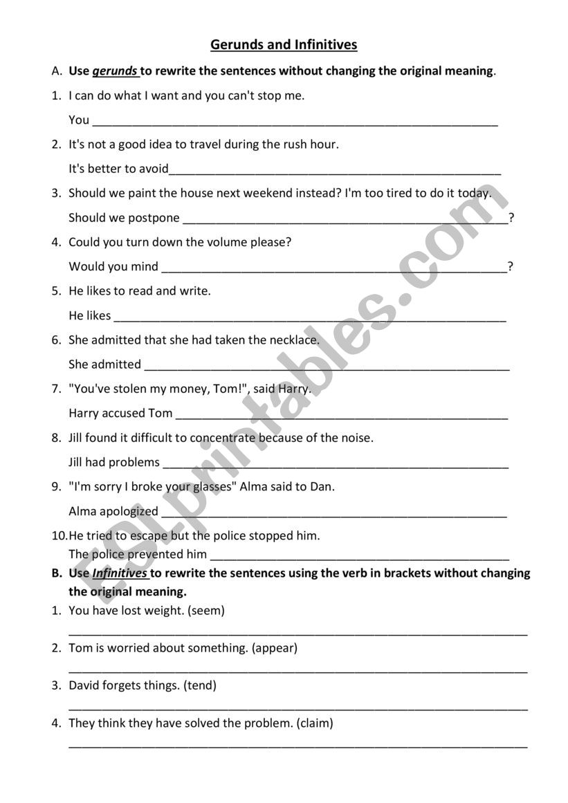 Gerunds and Infinitives worksheet with answers