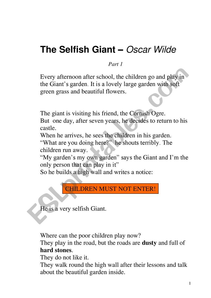 The Selfish Giant by Oscar Wild (Part 1)