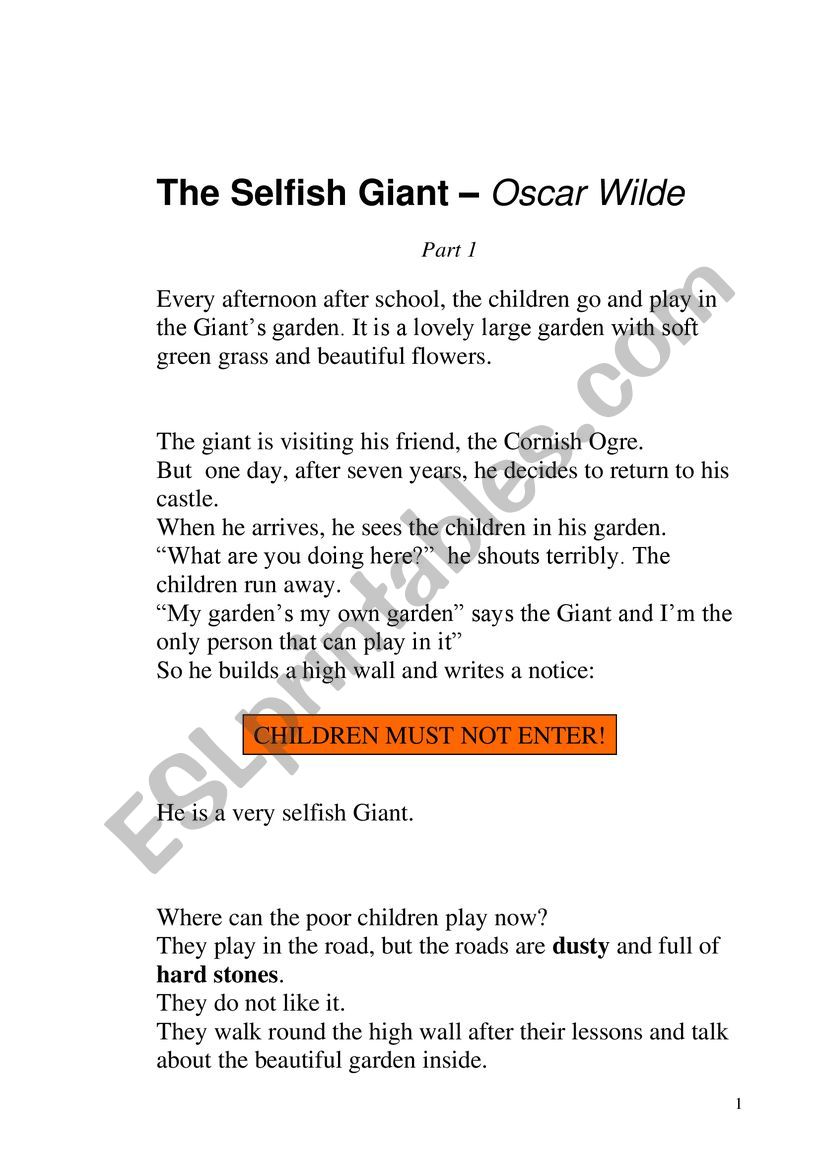 The Selfish Giant by Oscar Wild (Part 1)