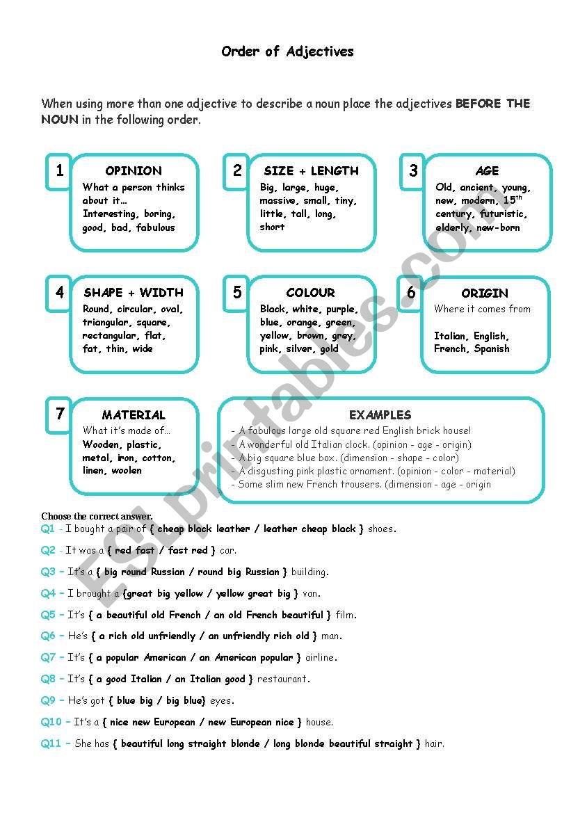 Order of adjectives worksheet