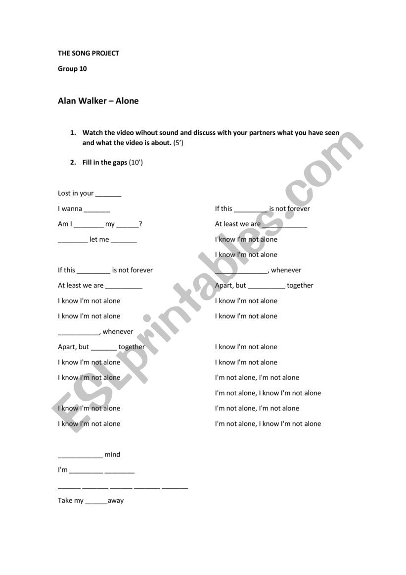 Alan Walker - Alone worksheet