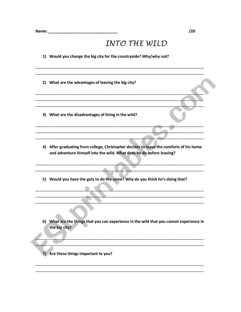 Into The Wild  worksheet